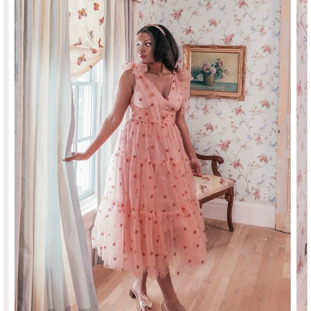 NWT JessaKae Sweetheart Peach Pink Midi Dress with Sequin Hearts and Tulle